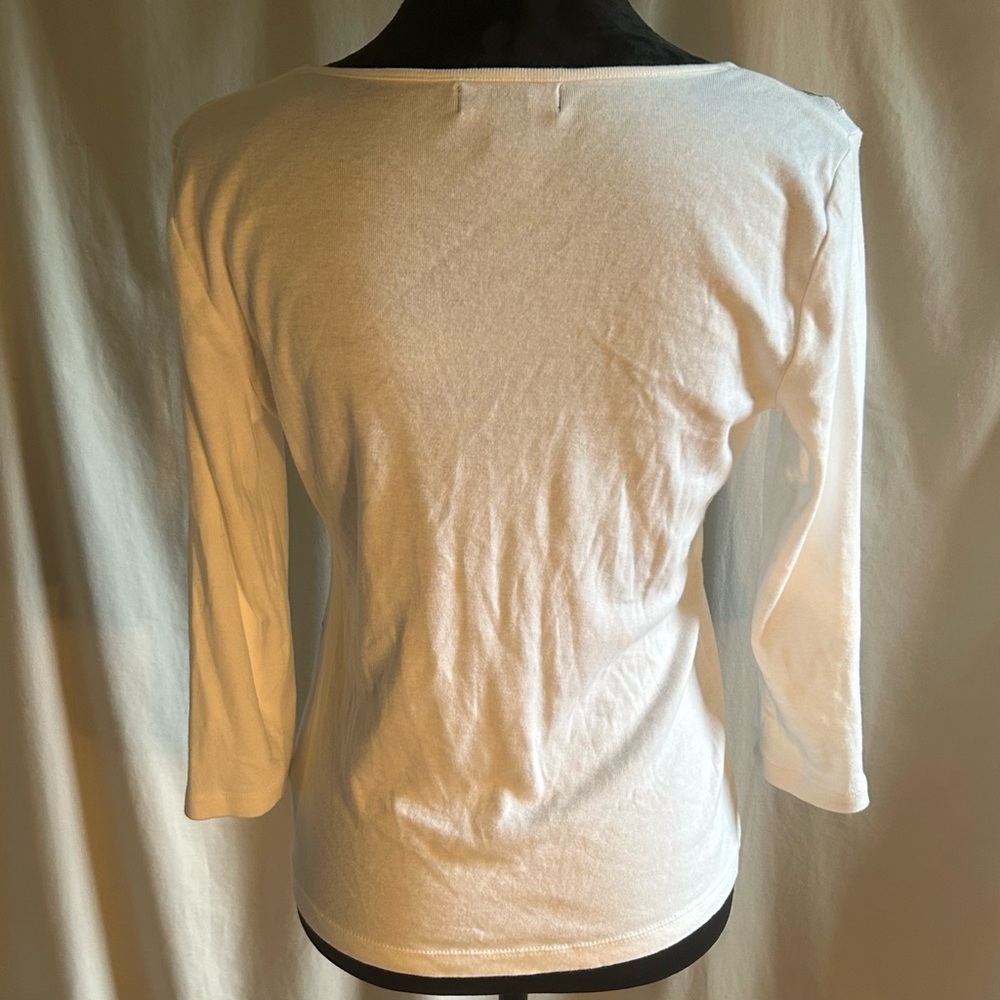 CHAPS 100% Cotton Gold Metallic Floral Paisley 3/4 Sleeve Top White M Boho Coast - Picture 5 of 9